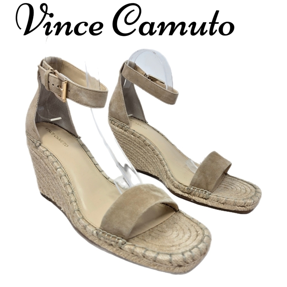 Vince Camuto Womens Wedge Espadrilles Sz 11M Tan Suede Adj. Ankle Straps